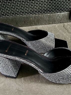 Black Suede Studio Rhinestone Block Heel Sandals. Size 7.5.